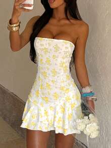 Onicee 夏季连衣裙，黄色性感印花无肩带 A 字型派对连衣裙，优雅连衣裙，适合情人节、约会、聚会、派对、旅行、度假、海滩和其他场合。 - 黃色 - 查看 3