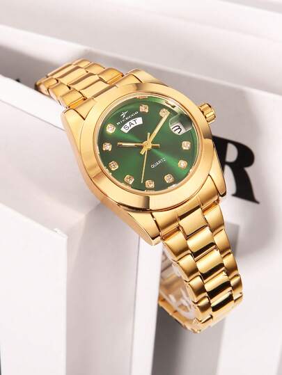 RICECGO 女士石英表，闪耀钻石刻度，双日历显示，奢华优雅，复古配色尽显高端气质，是送给妻子、女友或朋友的绝佳礼物。