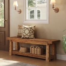 Tribesigns 55" Solid Wood Entryway Bench With Shoe Storage, Rustic Charred Wood Grain Foyer Bench With Open Shelf For Hallway, Mudroom, Bedroom, Easy Assembly, Brown - Light Brown - View 5