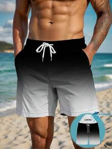 男士夏季黑白渐变印花抽绳腰斜插口袋夏威夷风速干双层网眼内衬短裤，3D印花时尚休闲沙滩泳裤 - 黑與白 - 查看 1