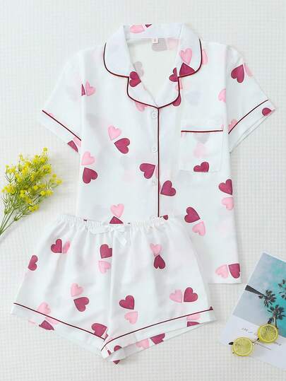 2pcs/Set Comfortable Heart Print Short Sleeve Collared Top With Pocket And Bow Shorts Pajama Set For Women