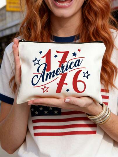 1个便携式拉链化妆包，印有1776年7月4日爱国主题图案，可用作旅行洗漱包、派对礼品拉链收纳包、派对收纳包，采用复古美国国旗配色，精致的化妆品收纳设计，非常适合独立日、7月4日、阵亡将士纪念日等场合，也适合旅行和休闲外出，是历史爱好者和爱国人士的理想礼物，也是生日礼物、活动礼物和周年纪念礼物的绝佳选择。