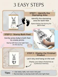1set-DIY Easter Bunny Baby Footprint Wall Art, Personalized Baby Keepsake Canvas With Wood Hanger, Ink Pad Not Included, Ideal For Nursery Room Kids Bedroom Easter Holiday Baby Shower DIY Gift - Multicolor - View 2