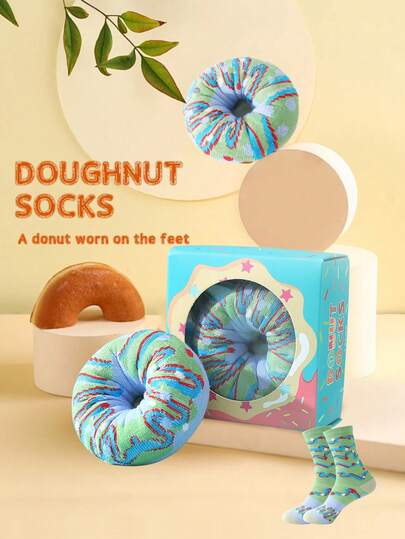 1 Pair New Creative Multicolor Donut Mid-Calf Socks Gift Box, Spring/Summer Unisex Sports Socks, Imaginative Food-Inspired Design, Knitted Fabric, Long & Thick Soft & Comfortable, Perfect Gift For Birthday, Valentine's Day, Easter, Ramadan, Carnival, Dates, Parties, Holidays
