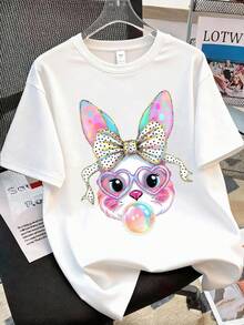 Cute Bunny & Butterfly Bubble Blowing Easter Print Set, Loose T-Shirt + Polka Dot Flare Pants, Suitable For Daily Wear, School, And Weekend Outings - Multicolor - View 2
