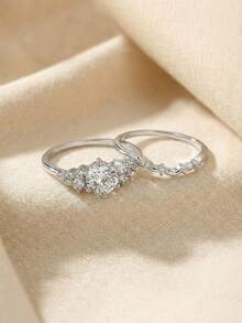 2 piezas Juego de anillos de circonita cúbica elegante, joyería de alta gama para bodas, fiestas y banquetes de mujeres, hecho de material de cobre que resiste el desvanecimiento y las alergias, regalo ideal para días festivos - Plateado - Ver 4