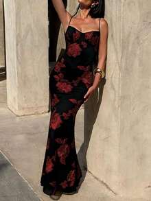 叶子花卉提花生日派对优雅网纱拼接正式晚礼服度假黑色 - 黑色 - 查看 4