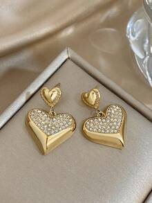 1Pair Elegant Heart Dangle Earrings Rhinestone Minimalist Golden Heart Earrings Stainless Steel Earrings For Christmas Daily Party Mother Valentine Jewelry Gifts - Multicolor - View 2