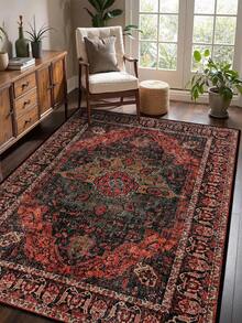 1 pieza Alfombra con estilo vintage desgastado, alfombra de área rectangular de fibra de poliéster cómoda y fácil de cuidar, lavable, de estilo bohemio marroquí rojo para la sala de estar, el pasillo, el lado de la cama, decoración del hogar - Multicolor - Ver 12