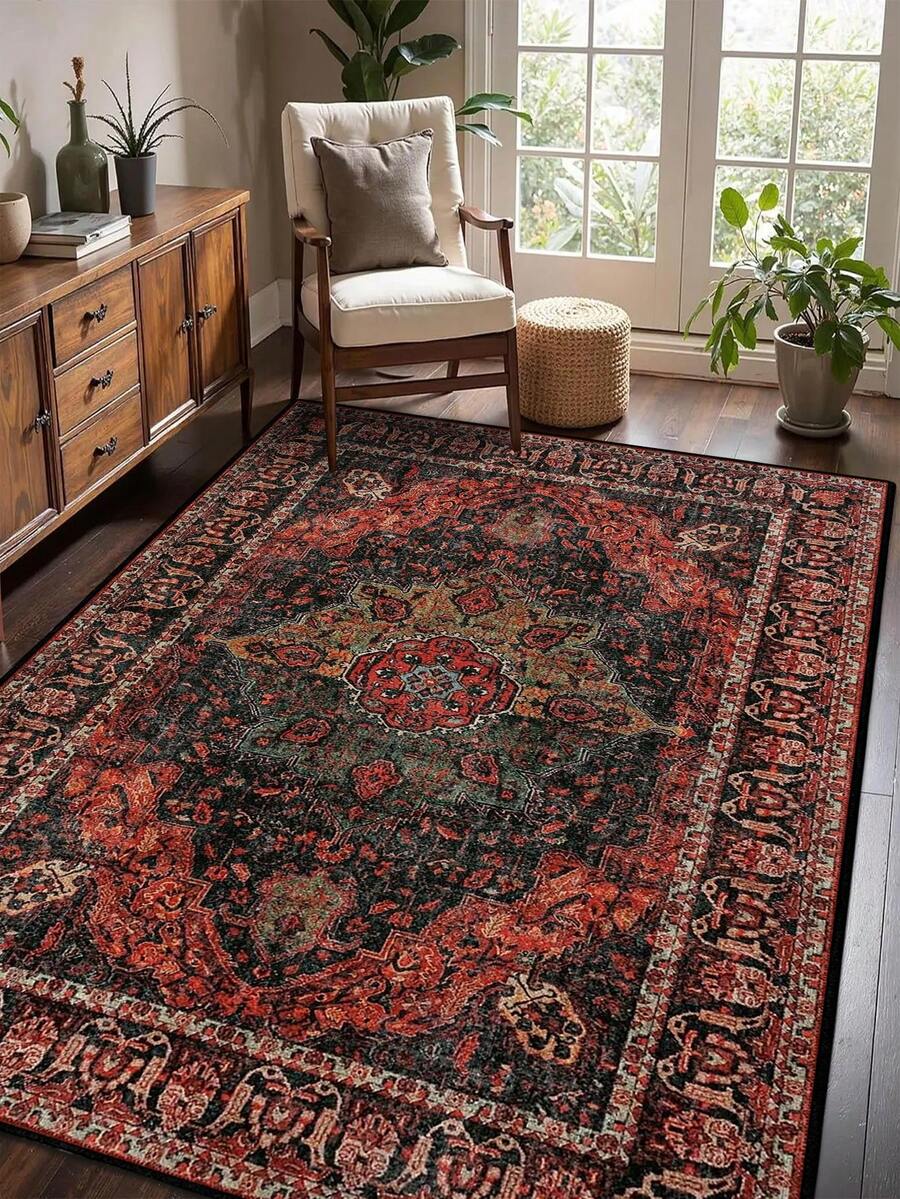 1pc Vintage Distressed Persian Style Rug, Red Bohemian Moroccan Polyester Fiber Comfortable Area Rug, Rectangular Easy Care Machine Washable Carpet For Living Room, Hallway, Bedside, Home Decor - Multicolor - View 1
