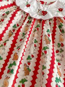 1pc Girls Spring/Summer Long Sleeve Embroidered Collar Casual Cute Rabbit & Strawberry Cartoon Print Dress, Suitable For Young Girl & Baby Girls - Red - View 8