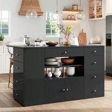Kitchen Island, Sideboard With Bar Stools, 6-Drawer Kitchen Unit With Stools, Adjustable Width 140 X 40 (70) X 89 Cm, White/Black - Black - View 3