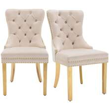 Dining Chair With A Unique Striking Unit At The Back, 2 Stations With Studded Head Trim, Gold Stainless Steel Support Legs, Velvet Fabric - Beige - View 5