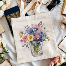 Wildflower Tote Bag With Watercolor Spring Flowers - Spacious Durable Handbag For Pollen Enthusiasts, Botanical Print Picnic Bag, Gift For Nature Lovers - Màu be - Xem 1