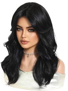22 Inch Black Curly Wig With Bangs, Women's Synthetic Fiber Wavy Wig, Heat Resistant For Daily Wear And Parties - Black - View 5
