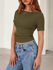 Fall New Arrival Women's Long-Sleeve Top Crop-Top Style Casual Outerwear Boat Neck With Bell Sleeves Ribbed Pleated Design Millennial-Inspired Fashion - Xanh quân đội - Xem 4