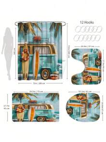 [Retro Beach Style] Bus Themed 4-Piece Bathroom Set - Shower Curtain + Bath Mat + Toilet Cover + Front Mat, Unified Pattern. Bring The Summer Road Trip And Surfing Culture Into The Bathroom, Instantly Creating A Relaxed, Personalized, And Story-Filled Bathroom Space. - A - View 4
