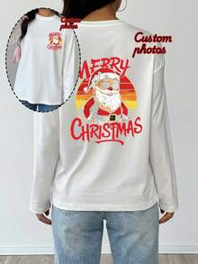 Plus-Size Women's Solid Color Crew Neck Casual Long-Sleeved T-Shirt, Perfect For Spring Wear - Customizable On The Front, Back, And Both Sides. Add Your Own Photos (Family Photos/Selfies/Pet Photos) To Design Your Personalized Printed Pullover. White - White - View 2