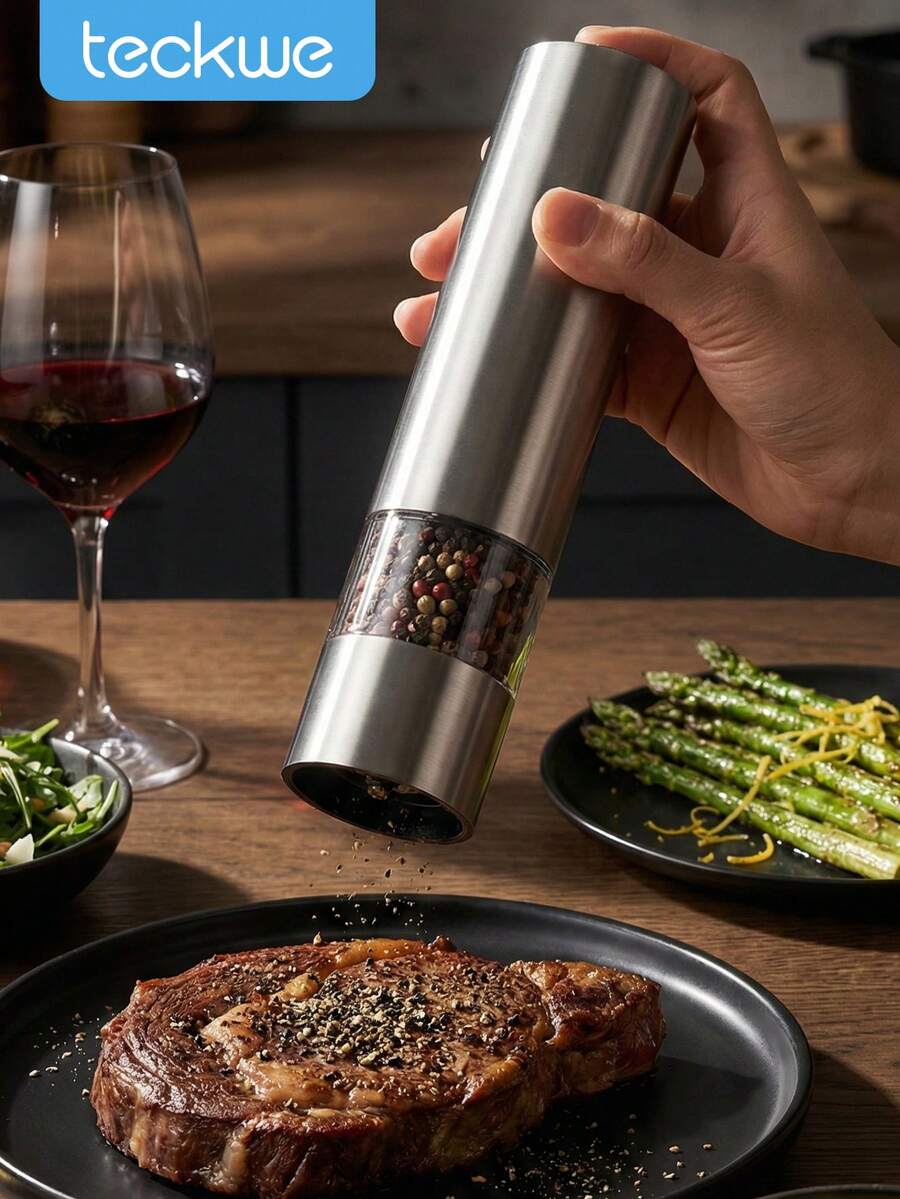 Teckwe 1pc Electric Salt And Pepper Grinder, Automatic One Handed Operation Adjustable Stainless Steel Grinders, Automatic Pepper Grinder, Electronic Adjustable Pepper Grinder For Kitchen Tools - Silver - View 1