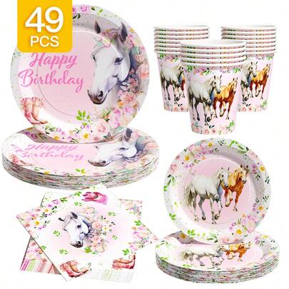 White Background Pink Floral Horse Happy Birthday Disposable Plates, Napkins, Cups, One-Time Party Supplies Set, Suitable For 8 Guests, Disposable Paper Plates Party Tableware Suitable For Birthday, Wedding, Theme Party, Family Picnic