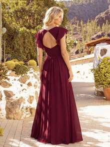 EVERPRETTY Vestido de dama de honor de gasa asimétrico con cuello en V fruncido, color vino tinto, adecuado para bodas, fiestas de cumpleaños, Día de San Valentín - Burdeos - Ver 8