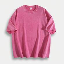 American Retro Style, 230g Heavyweight Washed Distressed Short-Sleeved T-Shirt For Men. High-Weight Pure Cotton, Thick And Opaque, With A Snowflake Wash Process. Loose, Drop-Shoulder, Oversized Fit. Street Style, Versatile, Basic, Suitable For Everyday Wear, Commuting, And Casual Wear. - 玫紅色 - 查看 14