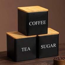 3pcs Black & White Storage Jars, Metal Coffee Bean, Sugar And Tea Leaf Canisters, Daily Kitchen Organization Supplies - Multicolor - View 5