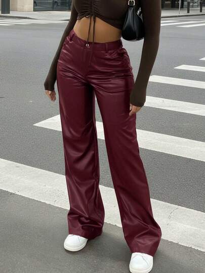 Pantalones rectos de bolsillo en diagonal de unicolor, estilo minimalista y casual para ir al trabajo