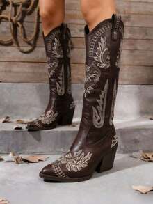 Brown Cowgirl Outfits For Women Boots  Knee High Pointed Toe Thick Heels Festival Shoes Fashion Country Concert Combat Boots For Women - Màu nâu Sô-cô-la - Xem 5