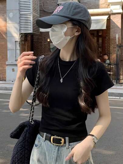 Casual Solid Color Round Neck Short Sleeve T-Shirt, Slim Fit Cropped Design, Flattering For Women In Summer