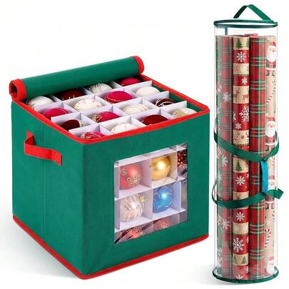 2 Pcs Christmas Ornament Storage Box With Dividers, Dual Zippers Up To 3 Inch 64 Ornaments, 31 Inch Gift Wrapping Paper Organizer Storage With Handles Holiday Zippered Bag Box(Gre1en)
