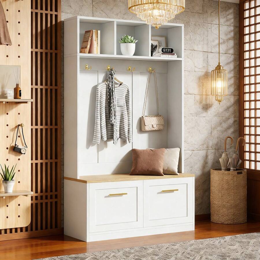 Hall Trees - Natural+White + MDF + Particle Board - View 1