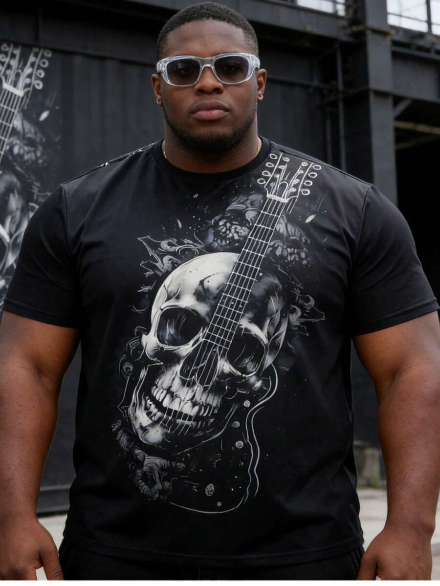 Plus Size Men Skull Head Graphic Crew Neck T-Shirt, Summer Casual Rock Print Plus Size Black Short Sleeve Tee, & Personalized Daily Sporty Top - Multicolor - View 1