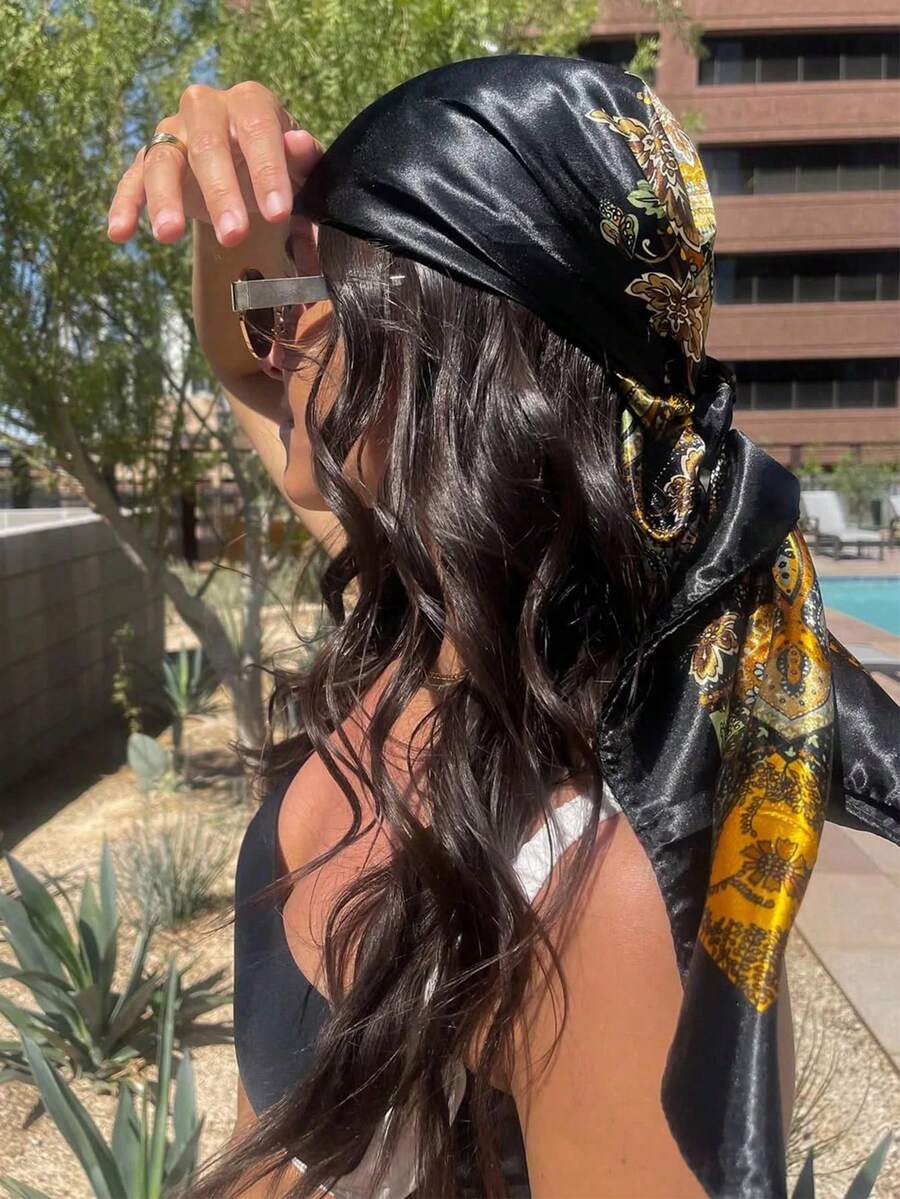 1pc Bohemian Style Paisley Print Satin Scarf, Elegant Casual Headscarf Shawl For Daily Wear, Sun Protection - Black - View 1