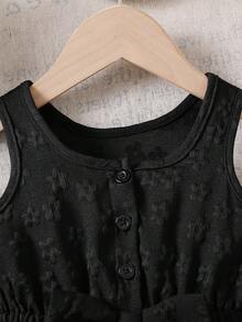Baby Girls' Cute Solid Color Round Neck Sleeveless Bow Decor Button Design Half-Placket Romper, Suitable For Home, Daily Wear And Outings, Spring/Summer - Black - View 6