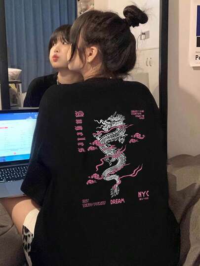 New Spring/Summer Pink Letter & Animal Paw Print Casual Loose Comfortable Women Short Sleeve T-Shirt, Versatile For Daily Wear