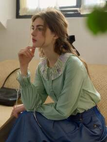 Simple Retro Women's Spring And Summer Models Holiday Style Patchwork Collar Printing Collision Green Elegant Retro Temperament Casual Long-Sleeved Shirt Blouse Top - Green - View 5