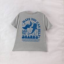 Camiseta gráfica de manga corta con estampado de vida marina para adolescentes, tops de verano con cuello redondo, adecuada para la escuela, las vacaciones y las compras - Gris - Ver 2