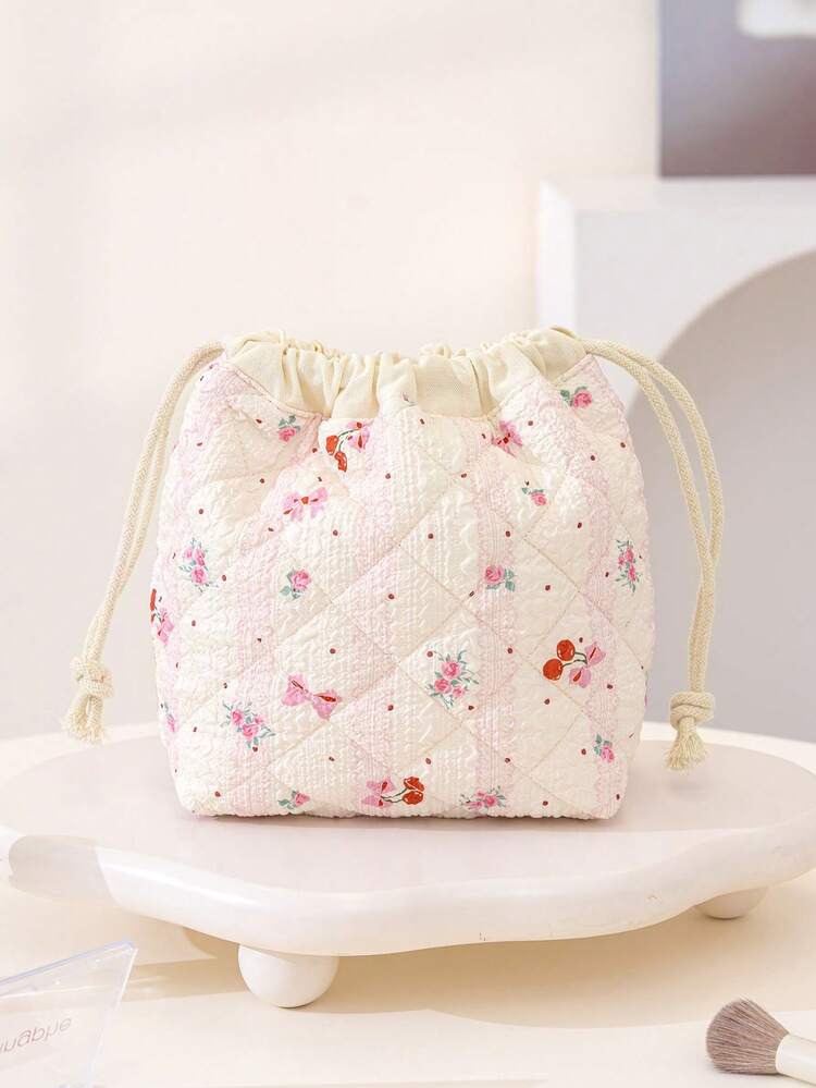 1個 キルト フローラル 巾着式 収納ポーチ、ソフトパッド入りカメラ保護バッグ、巾着式キャンバスバケツバッグ、かわいいフローラル巾着式コスメバッグ、大容量コスメ収納バッグ、トラベル 円筒型コスメバッグ、トイレタリーバッグ、レディースキャンバス ラウンドハンドバッグ オーガナイザーバッグ、トラベルハンドバッグ財布オーガナイザーバッグ、ラウンドコスメポーチ、バケツ型コスメバッグ - マルチカラー - 見る 2