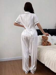 2pcs Striped Subtle Textured Satin Short-Sleeve And Pants Pajama Set - Spring/Summer Comfortable Casual Loungewear Set - trắng - Xem 2
