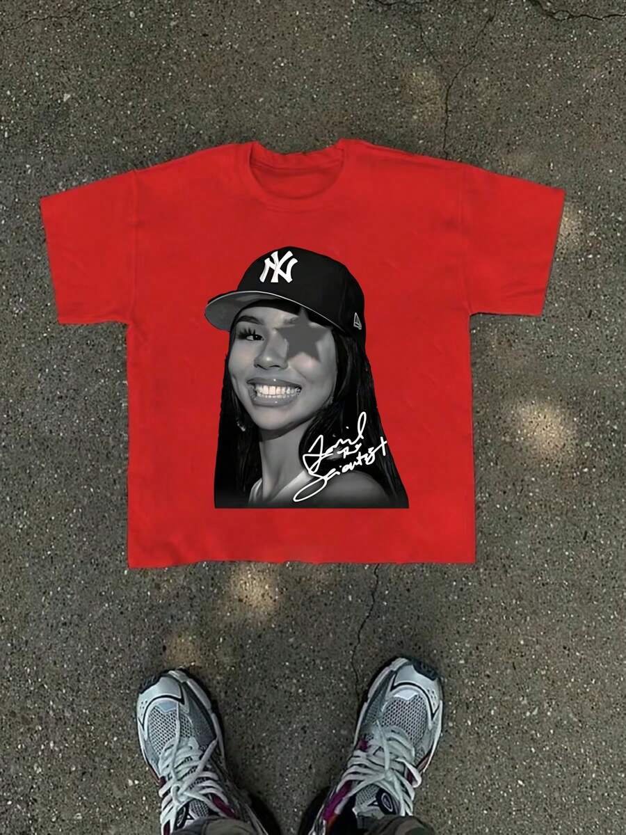 Plus Size Women T-Shirts Celebrity Graphic Printed Black T-Shirt, 100% Cotton 220g Casual Printed T-Shirt,Crew Neck Short Sleeve,For Going Out,Gift,Summer,Unisex - 紅色 - 查看 1