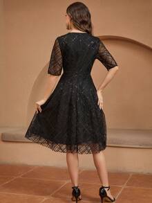 Black Lace Sequin Embellished Dress - Black - View 4