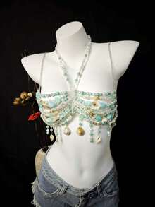 2026 Spring/Summer New Unisex Body Chain, Sexy Acrylic Crystal Pearl Sequin Shell Seashell Body Chain Metal Iron Chain Accessories For Party, Beach, Music Festival, Bikini - Màu xanh lam - Xem 2
