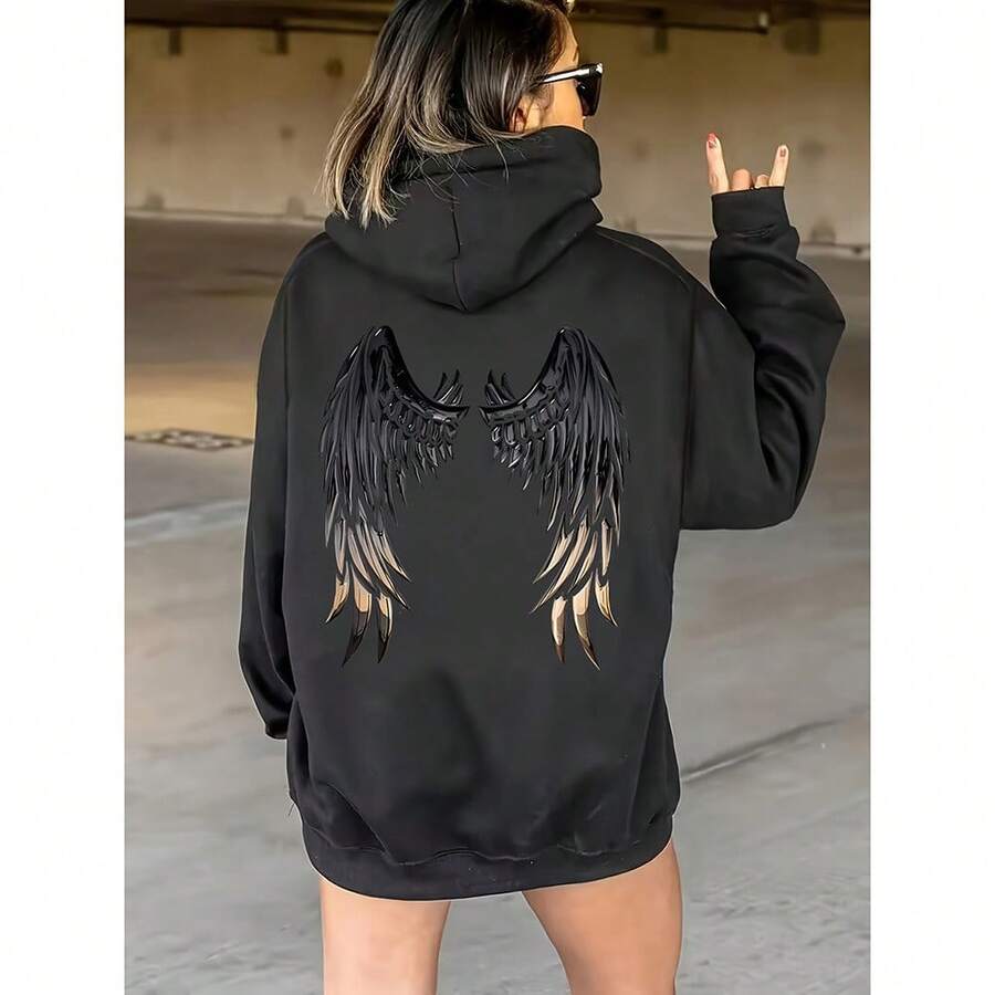 Custom Wish Cross-Border European And American Fashion Hooded Pullover Sweatshirt 2025 Loose Design Top Comfortable Cotton Sweatshirt - 黑色-後背翅膀 - 查看 1