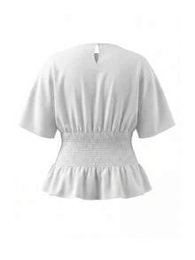 Plus Size Women's V-Neck Ruched Fitted Short Sleeve Top White Summer - White - View 7