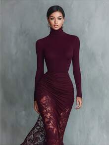 2026 European And American Foreign Trade Temperament Lace Long Dress Fashionable And Sexy Long-Sleeved Backless Slim Splicing Dress Women - 酒紅色 - 查看 4