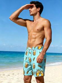 Pantalones cortos de playa casuales con estampado total y cordón en la cintura para hombres - Multicolor - Ver 2