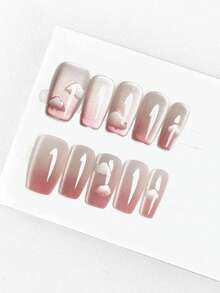 10PCS New Arrival Cartoon Cute Design Sense High-End Press-On Square Cat Eye Gradient Hand-Painted Light Luxury Nail Stickers - Multicolor - View 8