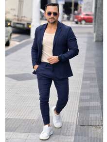 Premium Slim Fit Blazer And Pants Set With Double-Waisted Waistband - 藏蓝色 - 查看 1