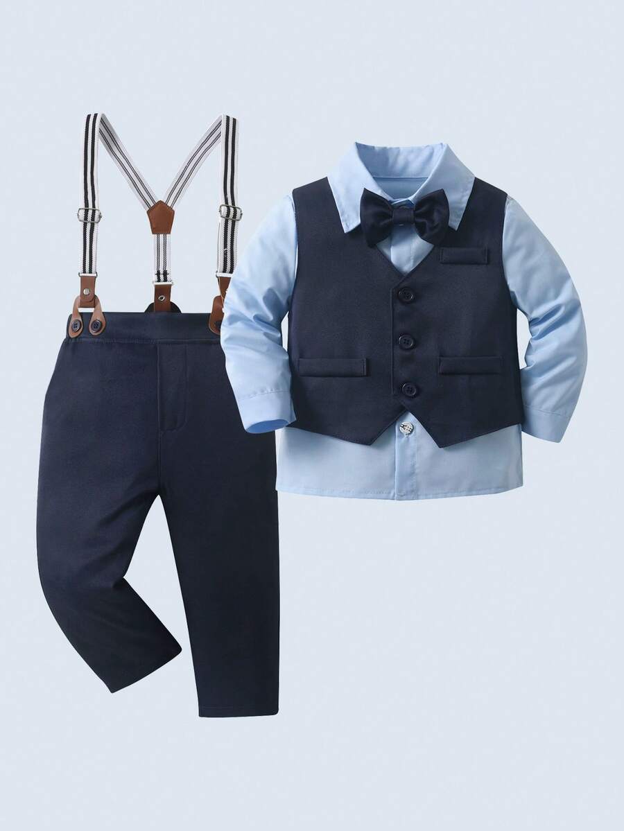 BOARNSEORL 三件套男童绅士套装，包括长袖白衬衫配领结、马甲和裤子，时尚百搭，适合生日派对、婚礼、洗礼等场合。 - 藏蓝色 - 查看 1